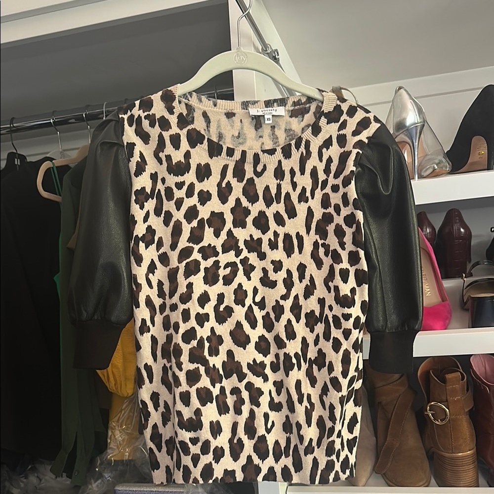 Leopard Print Top with Black Faux Leather Sleeves size XS